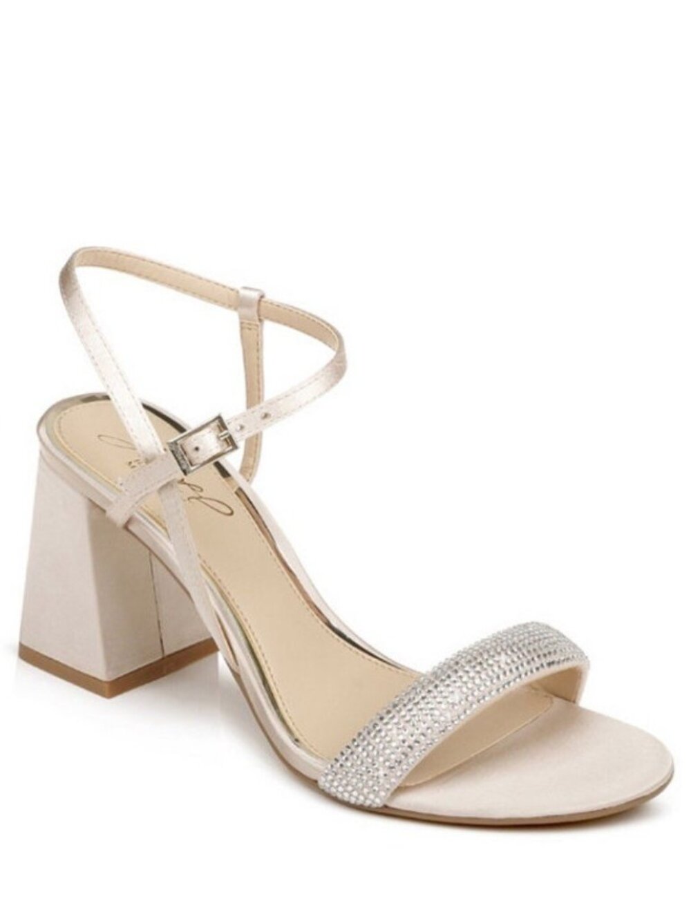 Jewel Badgley Mischka Earlene Rhinestone Block Heel Sandal – Champagne Satin NIB